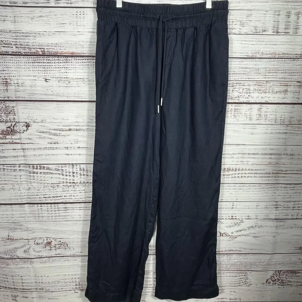 QUINCE 100% European Linen Pants L Drawstring Wide Leg Navy Blue Capsule Coastal